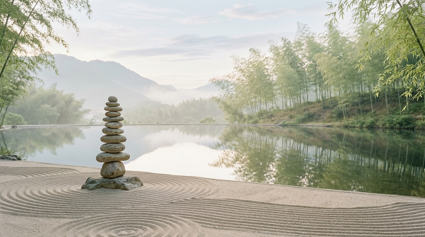 Galets en équilibre près d'une eau calme, dans une ambiance zen et lumineuse